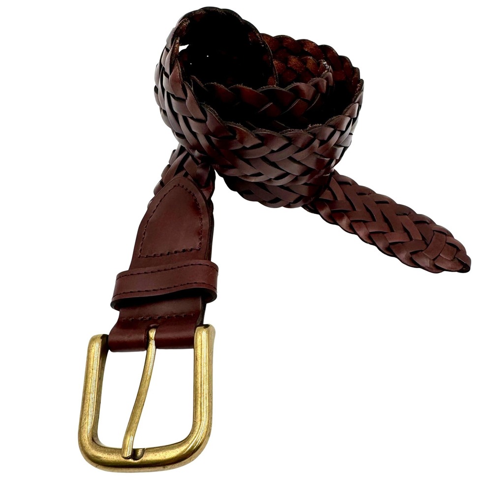 Woven Braided Leather Belt Mens Size M Brown Brass-Tone Buckle Casual Dress